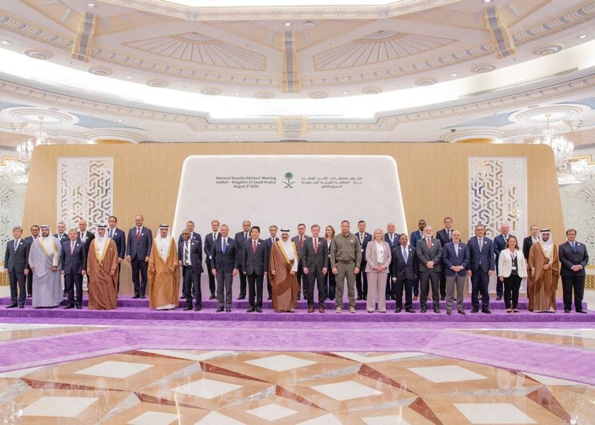 ​Representatives from more than 40 countries, including China, India, and the U.S., pose for a group picture as they attend talks in Jeddah, Saudi Arabia. 