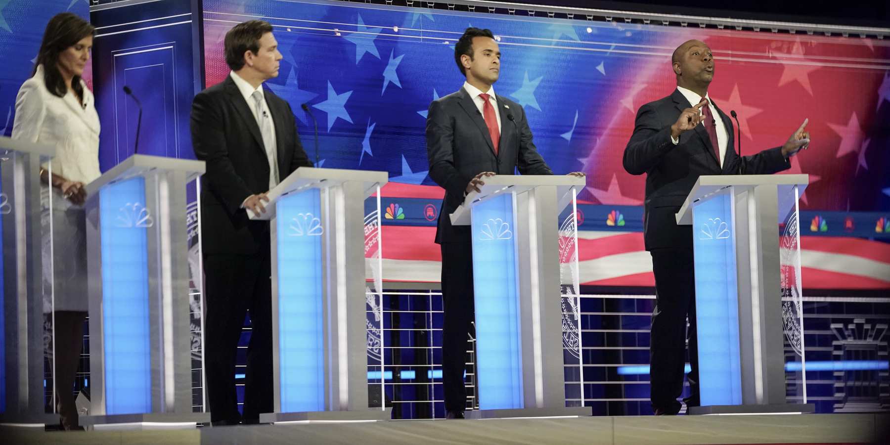 Republican candidates line the Miami stage for Wednesday's GOP debate.