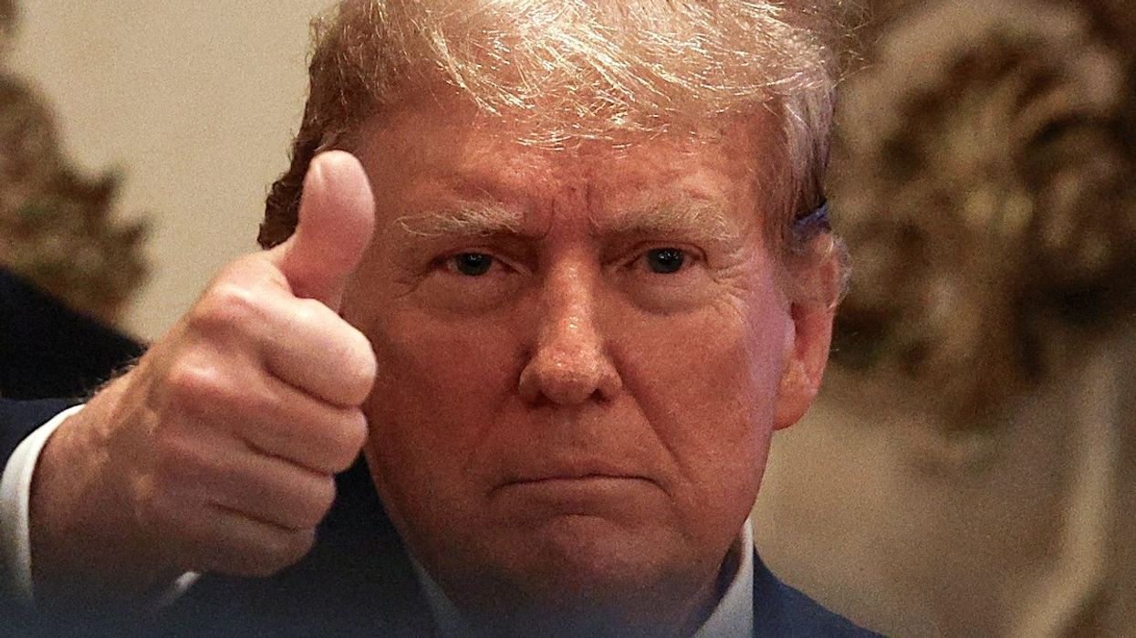 Republican presidential candidate and former US President Donald Trump gestures at a watch party event to mark the Super Tuesday primary elections at his Mar-a-Lago property, in Palm Beach, Florida, on March 5, 2024.
