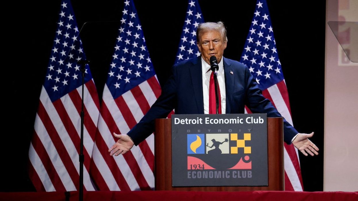 Republican presidential nominee and former U.S. President Donald Trump addresses the Detroit Economic Club in Detroit, Michigan, U.S., October 10, 2024.