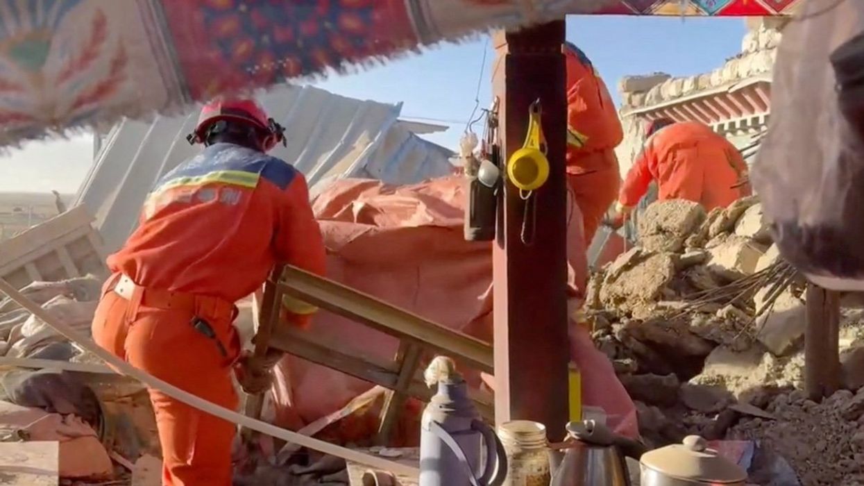Rescue teams work amid rubble in the aftermath of an earthquake in a location given as Shigatse City, Tibet Autonomous Region, China, January 7, 2025, in this screengrab obtained from a handout video.