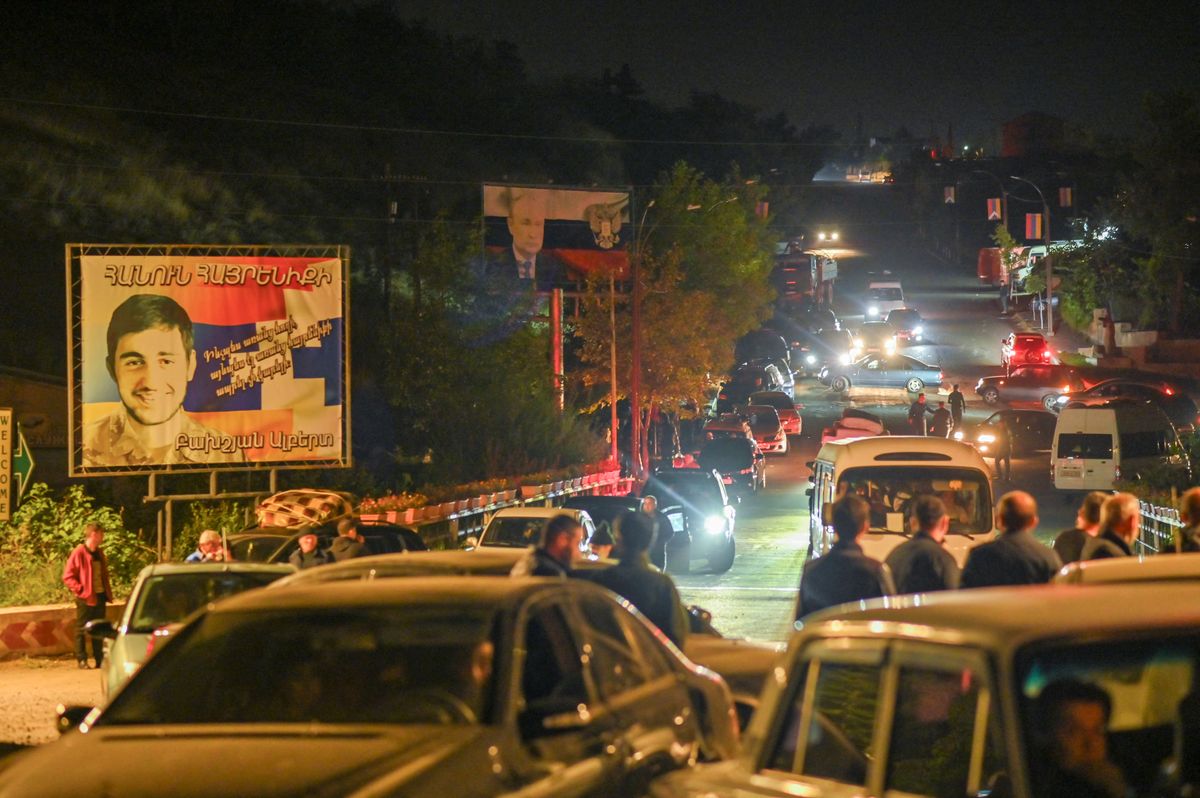 Residents use vehicles to leave the city of Stepanakert following a military operation conducted by Azerbaijani armed forces in Nagorno-Karabakh