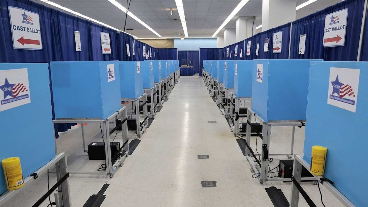 Rows of empty voting booths at the Chicago Board of Elections Loop Super Site on Clark Street are shown on Feb. 15, 2023, in Chicago.