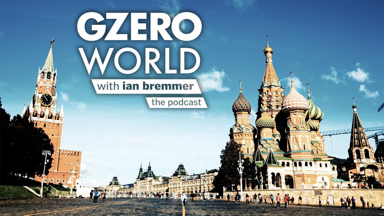 Russian building photo and logo of GZERO World with Ian Bremmer: the podcast