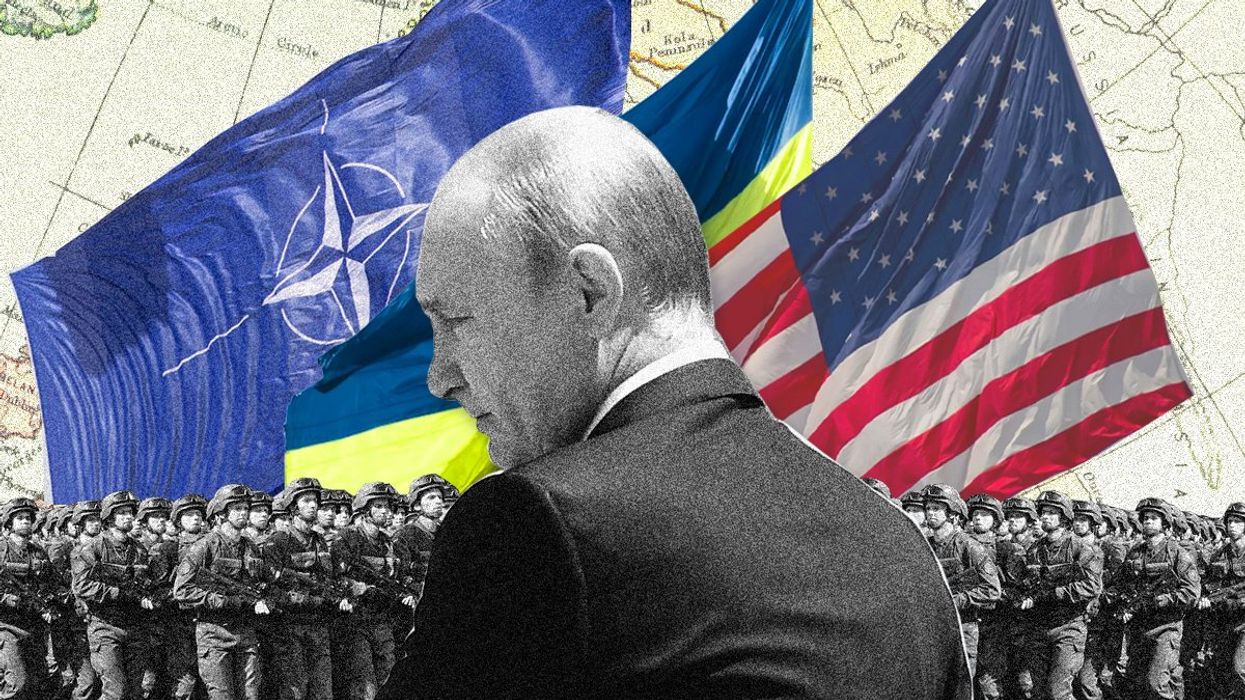 Russian President Vladimir Putin against the backdrop of NATO, Ukrainian and US flags.