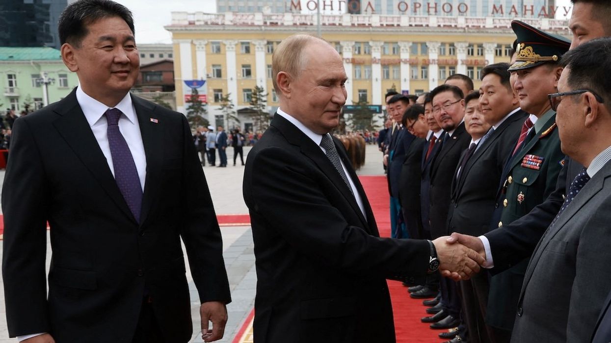 Russian President Vladimir Putin and Mongolian President Ukhnaagiin Khurelsukh attend an official welcoming ceremony in Ulaanbaatar, Mongolia, on Sept. 3, 2024.