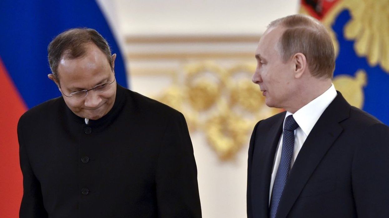 Russian President Vladimir Putin and then-Indian ambassador to Russia Pankaj Saran at the Kremlin in Moscow, Russia, on April 20, 2016.