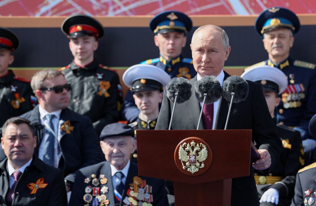Russian President Vladimir Putin delivers a speech during a military parade on Victory Day in Moscow.