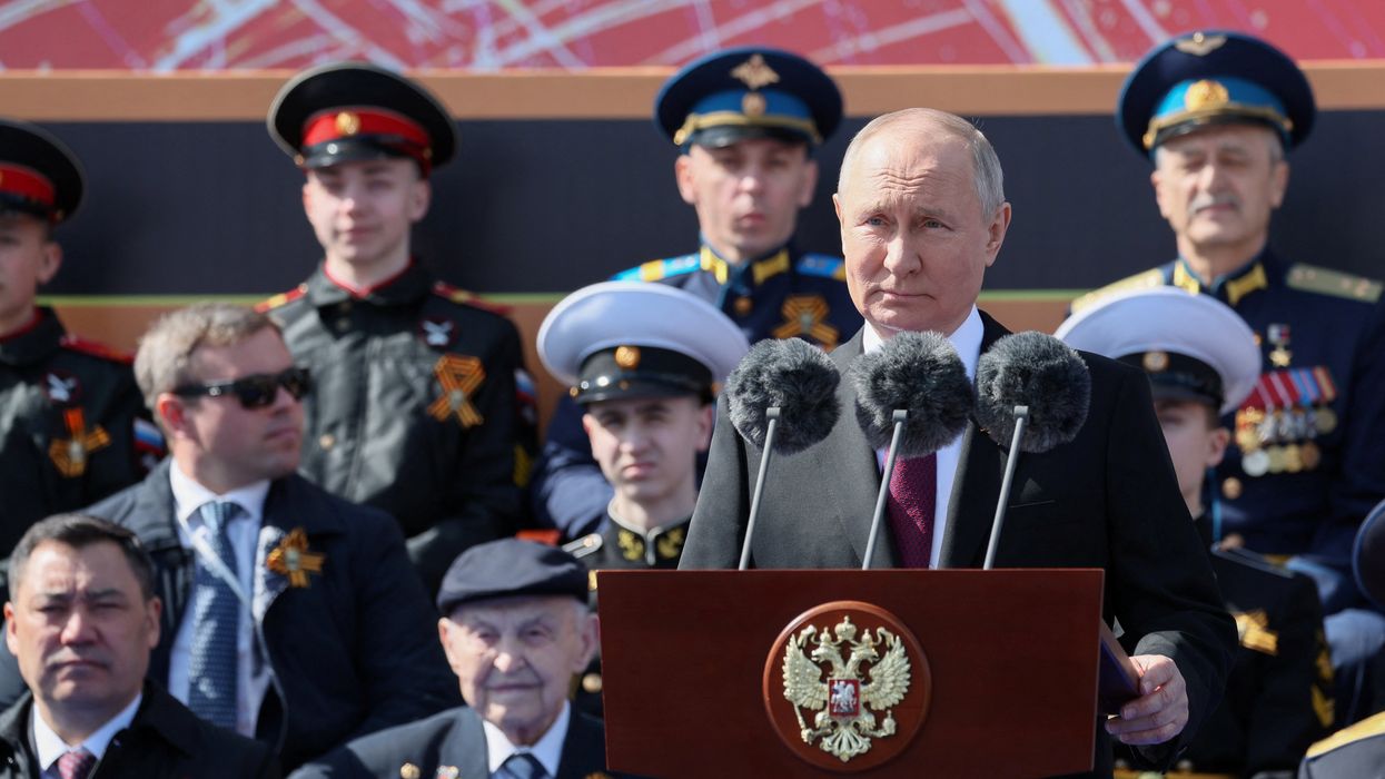 Russian President Vladimir Putin delivers a speech during a military parade on Victory Day in Moscow.