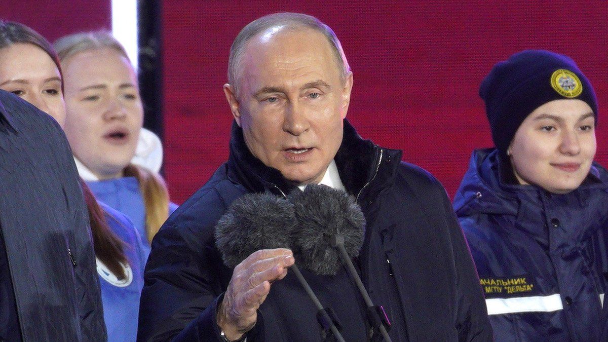 Russian President Vladimir Putin speaks at a concert to celebrate first anniversary of Crimea annexation on Red Square in Moscow after his landslide victory in the presidential election, March 18, 2024. 
