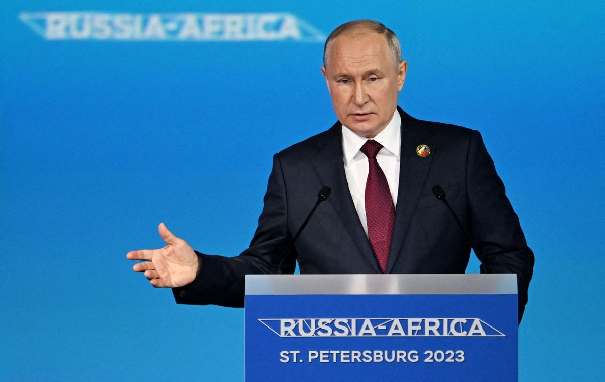 Russian President Vladimir Putin speaks at the Russia-Africa summit in St. Petersburg.