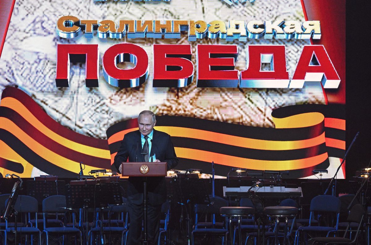 Russian President Vladimir Putin speaks during a concert marking the 80th anniversary of the Battle of Stalingrad.