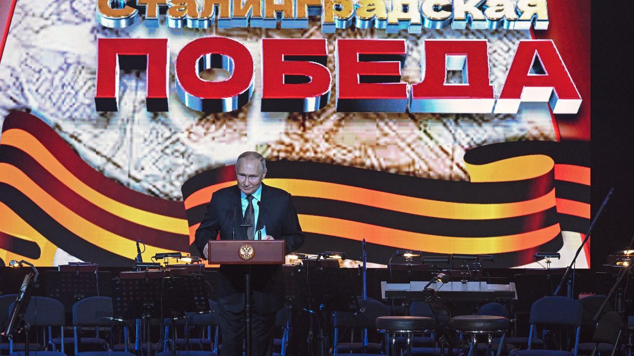 Russian President Vladimir Putin speaks during a concert marking the 80th anniversary of the Battle of Stalingrad.