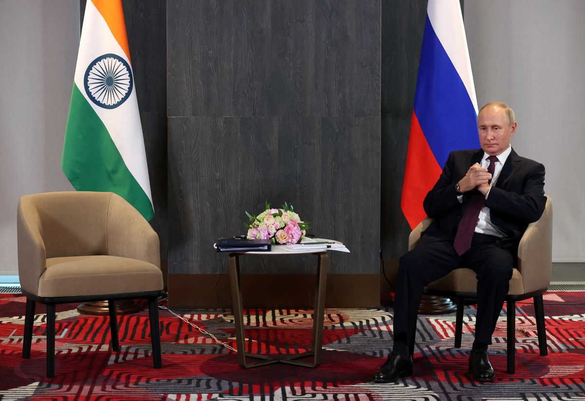 Russian President Vladimir Putin waits to meet India's PM Narendra Modi on the sidelines of the SCO summit in Samarkand, Uzbekistan.