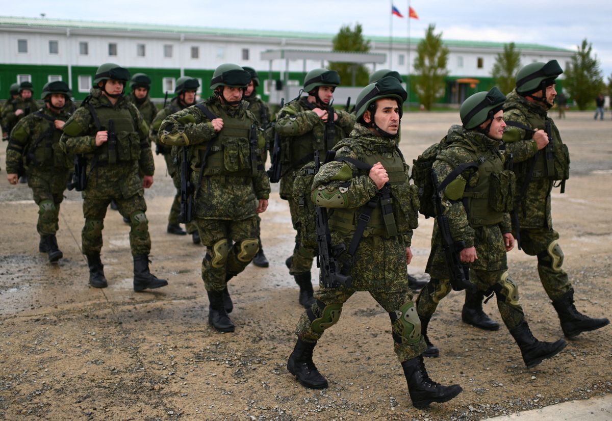​Russian reservists recruited during a partial mobilisation of troops attend a ceremony before departing to the Russia-Ukraine conflict zone, in the Rostov region, Russia October 31, 2022.