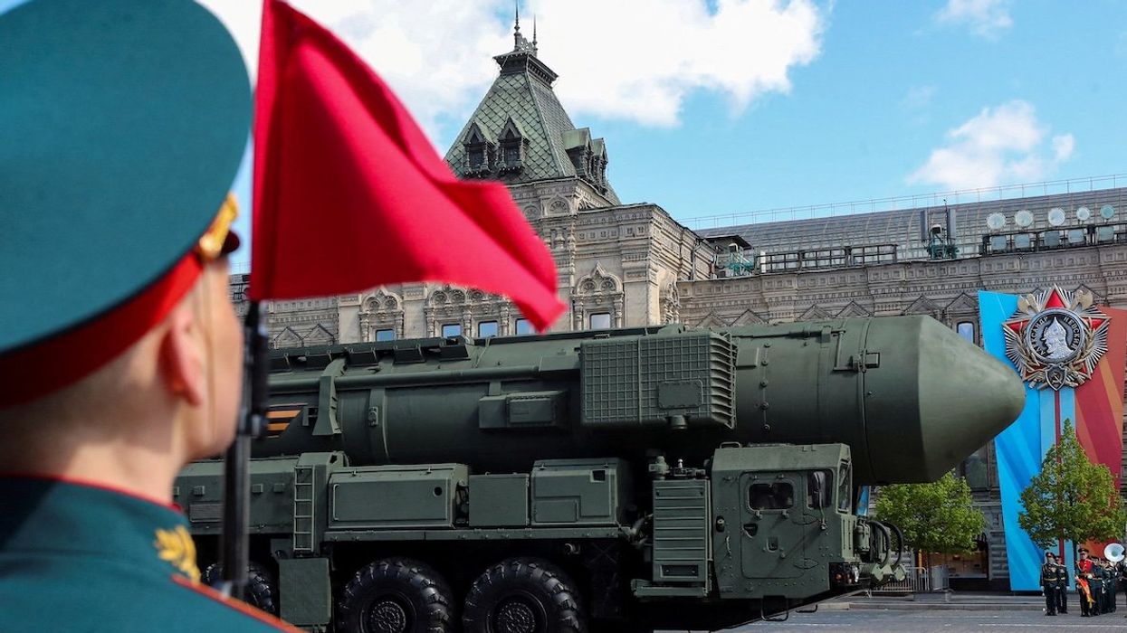 Russian Yars intercontinental ballistic missile launcher takes part in the Victory Day military parade general rehearsal on the Red Square in Moscow, Russia, on May 5, 2024.