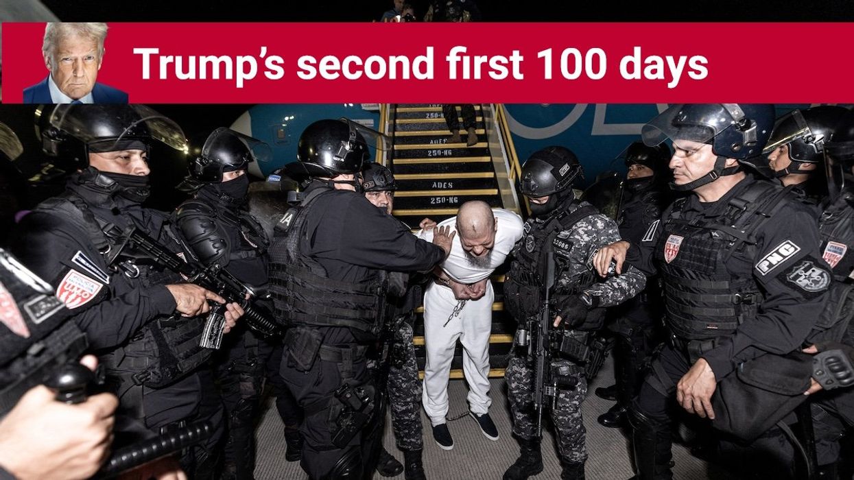 Salvadoran police officers escort an alleged member of the Venezuelan gang Tren de Aragua recently deported by the U.S. government to be imprisoned in the Terrorism Confinement Center (CECOT) prison, as part of an agreement with the Salvadoran government, in Tecoluca, El Salvador, in this handout image obtained March 16, 2025.
