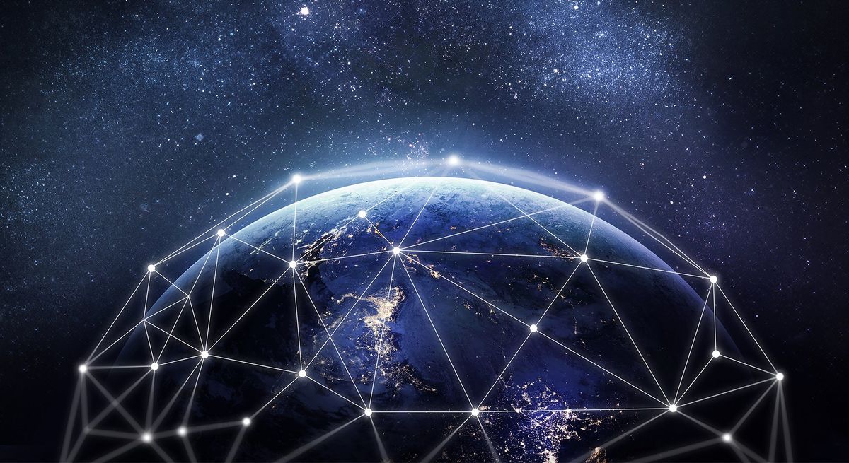 Satellites around Earth in space shown as points on a network