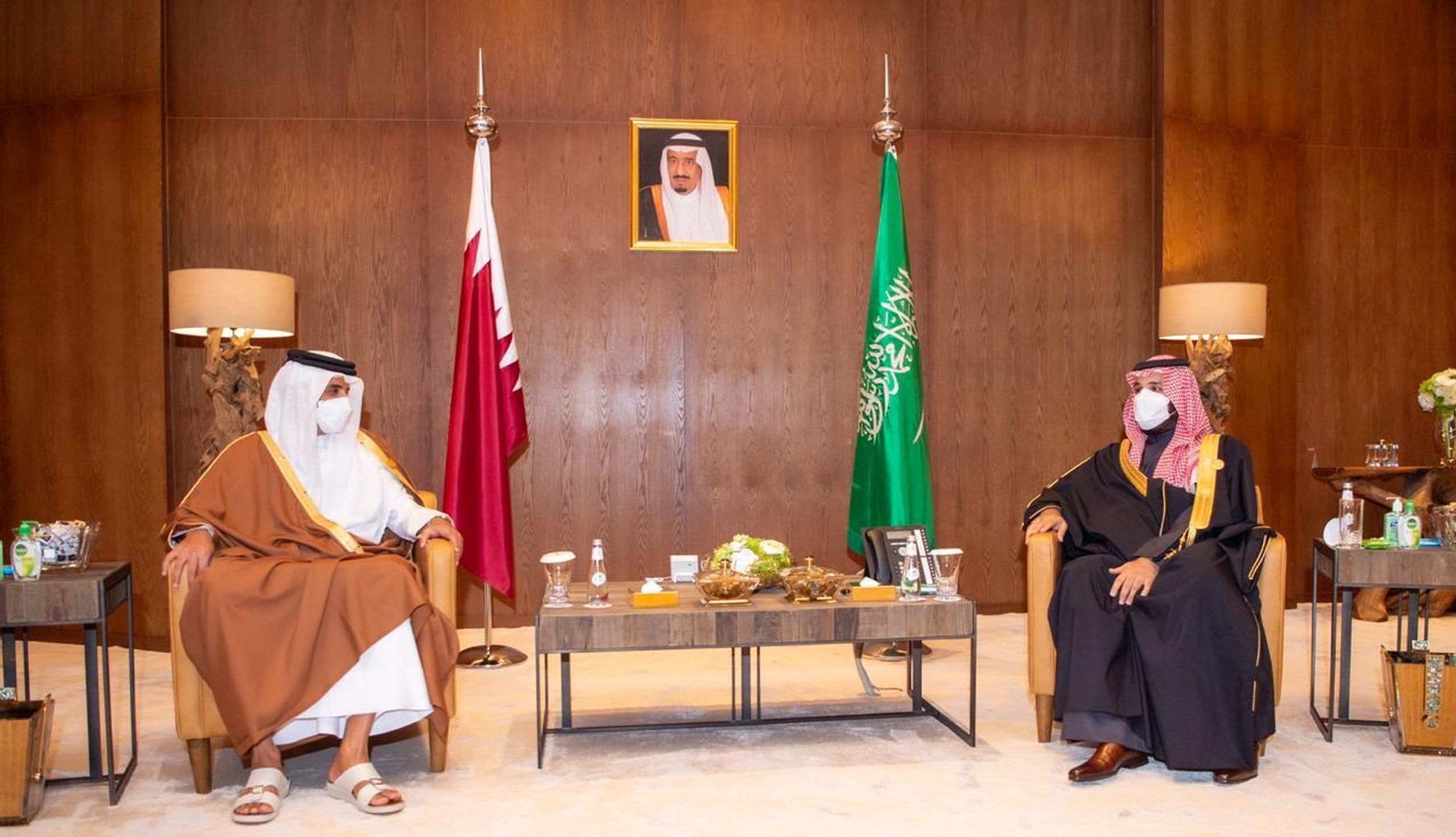 Saudi Arabia's Crown Prince Mohammed bin Salman meets Qatar's Emir Sheikh Tamim bin Hamad al-Thani during the Gulf Cooperation Council's (GCC) 41st Summit in Al-Ula, Saudi Arabia January 5, 2021.