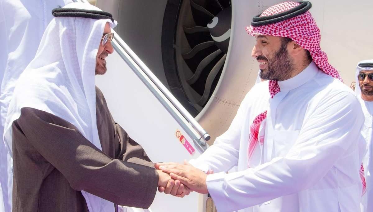 Saudi Arabia's MBS shaking hands with the UAE President Mohammed bin Zayed Al Nahyan
