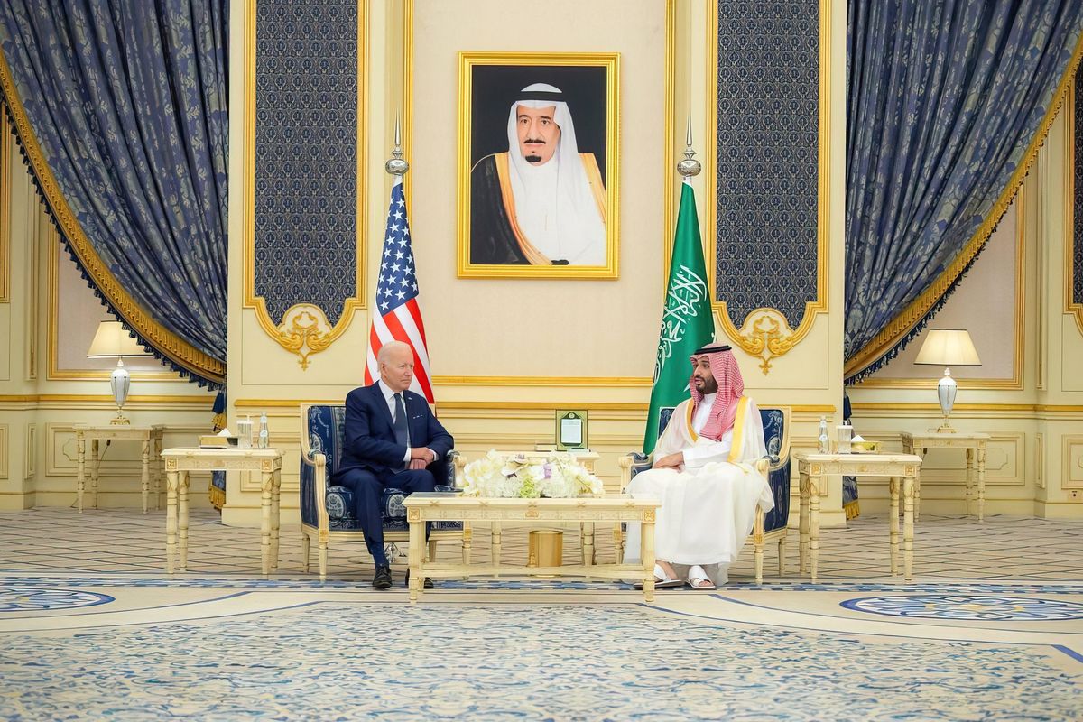 Saudi Arabia’s Crown Prince Mohammed bin Salman receives US President Joe Biden at the Royal Palace in Jeddah.