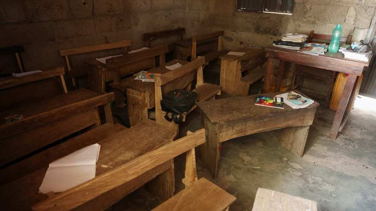 School items belonging to abducted students of Baptist Nursery and Primary School sit inside an empty classroom in Oyo State, Nigeria.