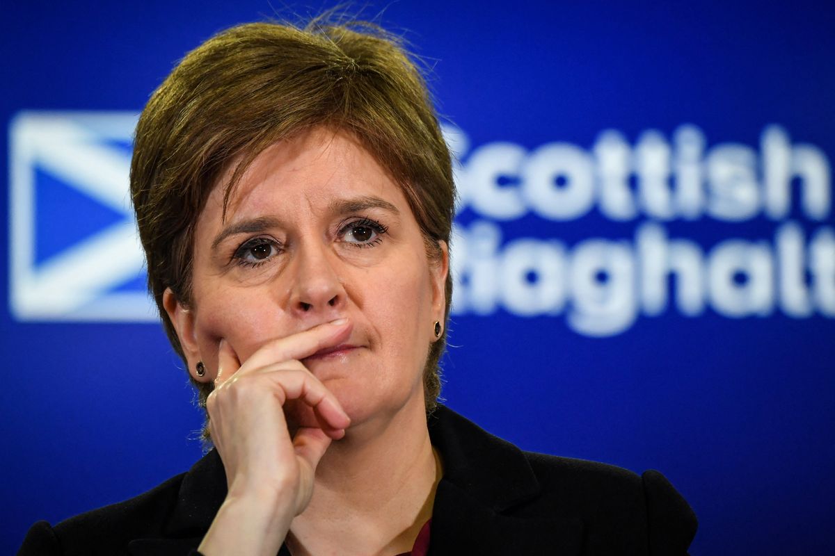 Scotland's First Minister Nicola Sturgeon reacts during a press conference at St Andrews House in Edinburgh.