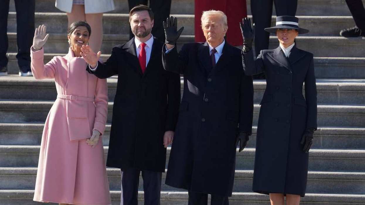 Second Lady Usha Vance, Vice President JD Vance, President Donald Trump and First Lady Melania Trump participate in the departure ceremony for outgoing United States President Joe Biden and first lady Dr. Jill Biden on the East Front of the United States Capitol in Washington, DC after the swearing-in of Donald Trump as President on January 20, 2025.