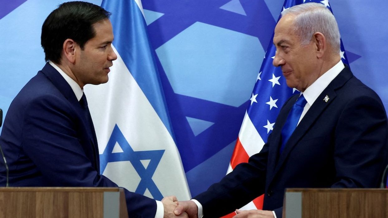 Secretary of State Marco Rubio and Israeli Prime Minister Benjamin Netanyahu shake hands as they make joint statements to the press at the Prime Minister's office in Jerusalem on Feb. 16, 2025.
