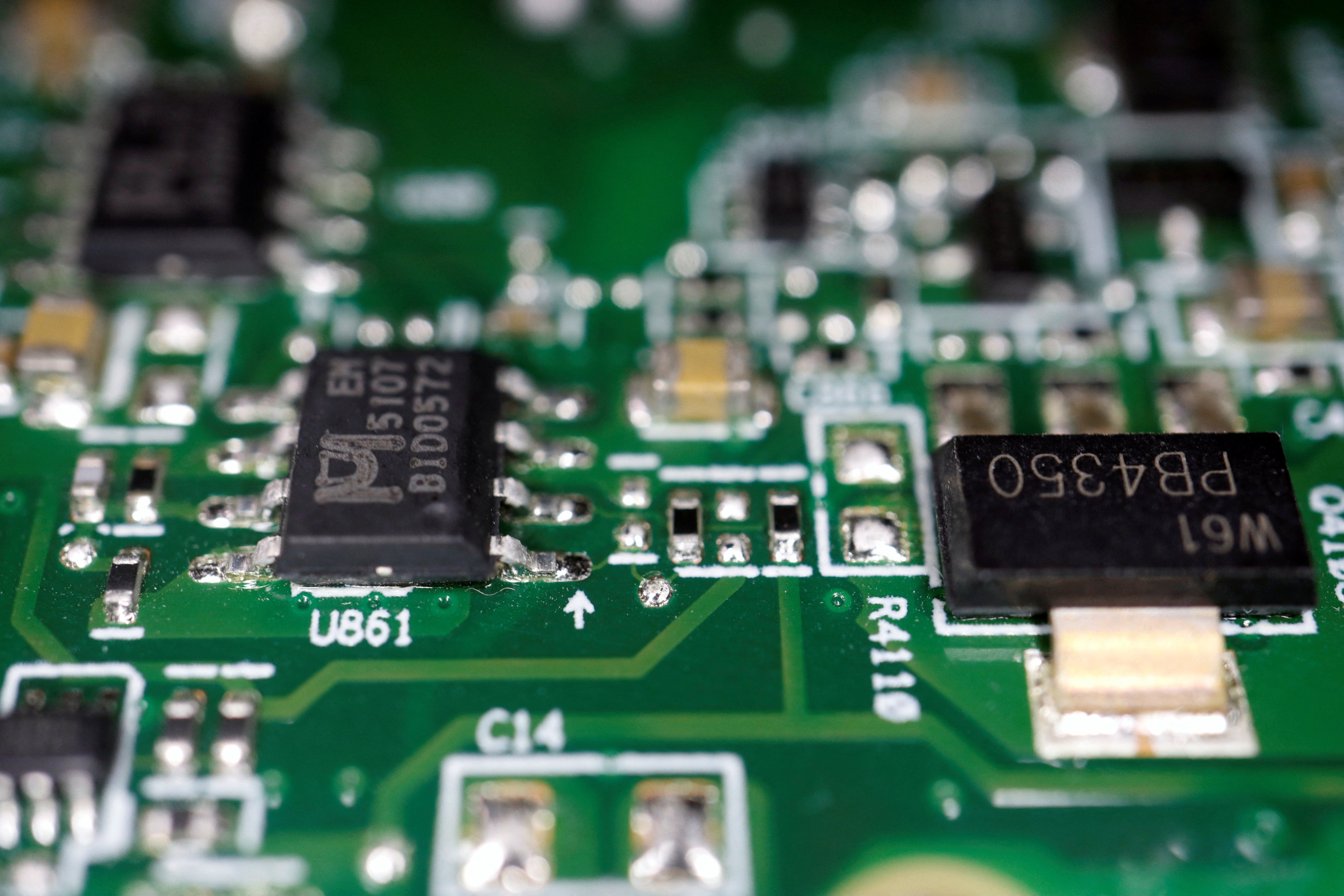 Semiconductor chips are seen on a printed circuit board in this picture.