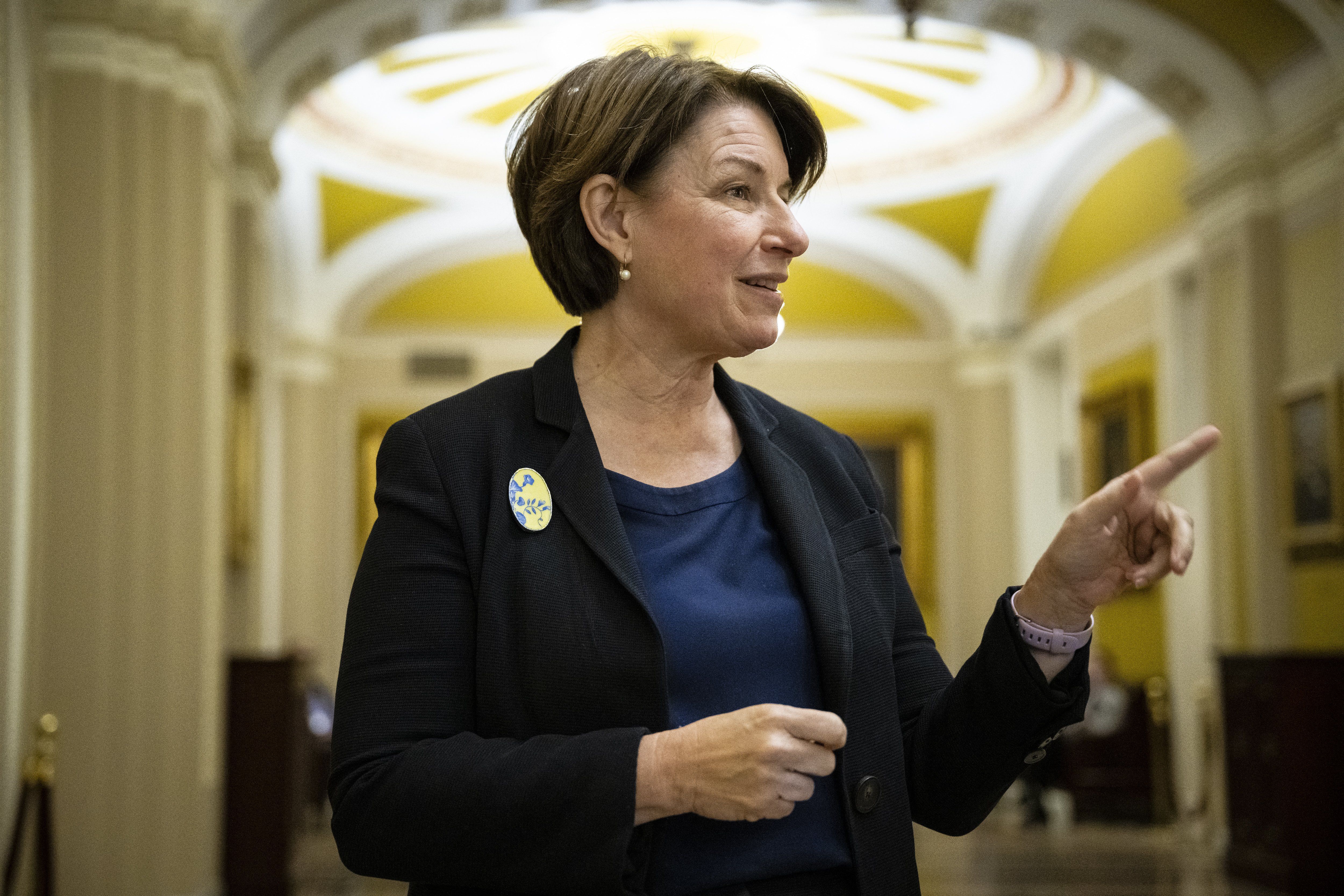 Sen. Amy Klobuchar (D-MN) speaks to media near the Senate Chamber during a vote at the US Capitol, in Washington, D.C., on Wednesday, Nov. 15, 2023.