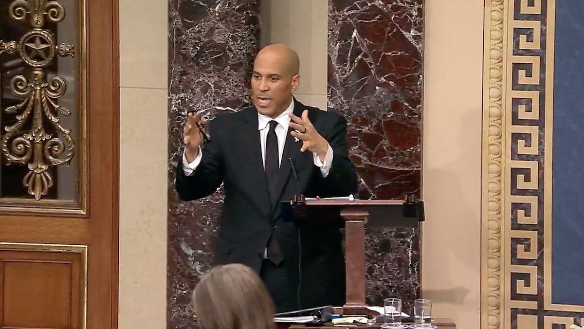 Sen. Cory Booker (D-NJ) speaks during a marathon address from the US Senate floor on Tuesday, April 1, 2025. 