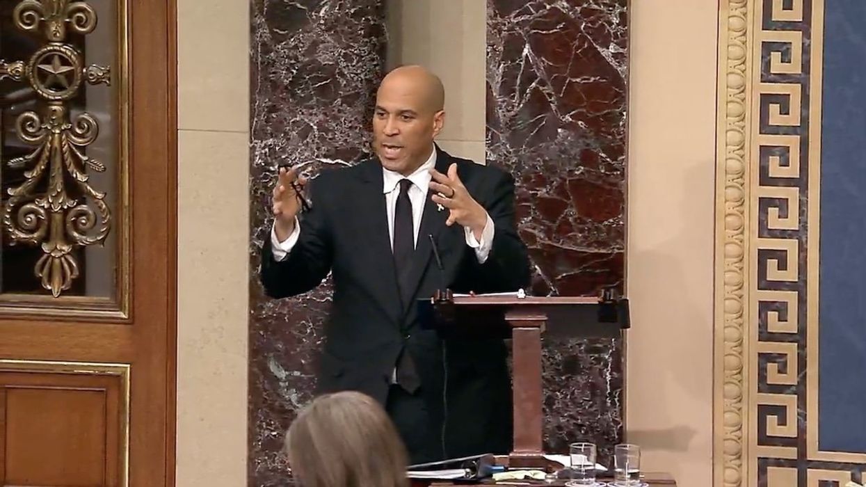 Sen. Cory Booker (D-NJ) speaks during a marathon address from the US Senate floor on Tuesday, April 1, 2025.