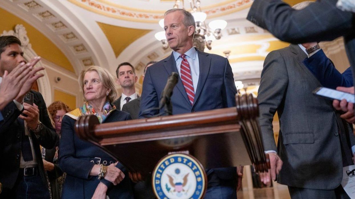 Senate Majority Leader John Thune (R-SD) speaks with reporters following the Senate Republicans' weekly policy lunch on Capitol Hill in Washington, D.C., U.S., March 11, 2025.