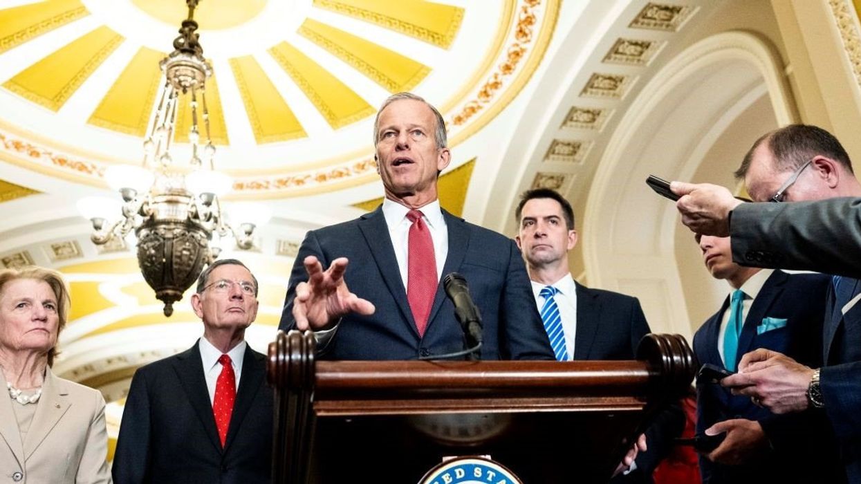 Senate Majority Leader John Thune speaking at a press conference at the US Capitol in Washington, D.C.