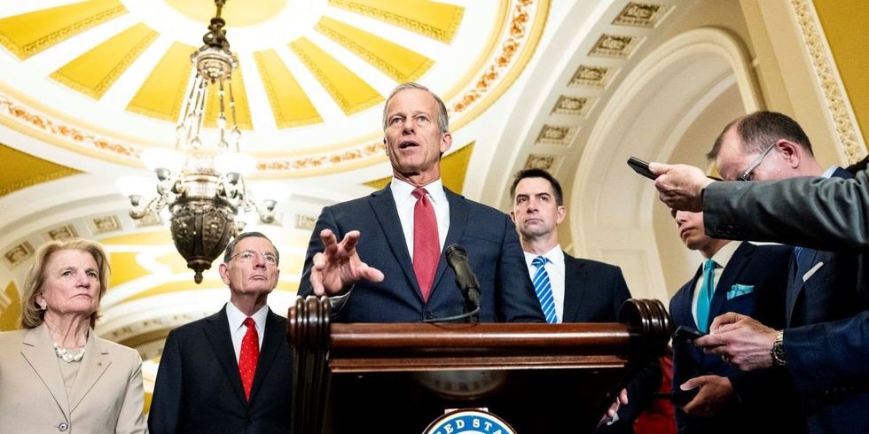 Senate Majority Leader John Thune speaking at a press conference at the US Capitol in Washington, D.C.