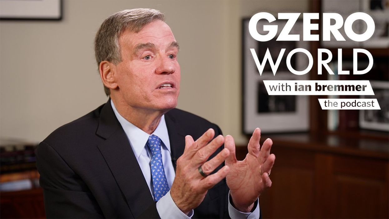 Senator Mark Warner (D-VA) in his office with the GZERO World Podcast logo superimposed on top.