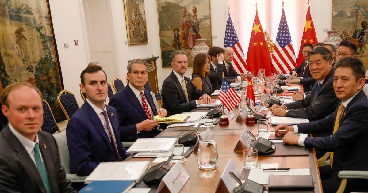 ​Senior U.S. and Chinese led by U.S. Treasury Secretary Scott Bessent, U.S. Trade Representative Jamieson Greer, Chinese Vice Premier He Lifeng and Chinese trade negotiator Li Chenggang meet to discuss trade and economic issues and TikTok, in Madrid, Spain, September 14, 2025
