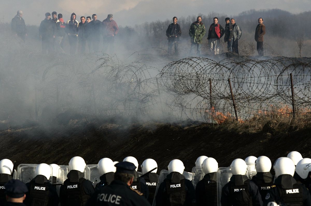 Serb army veterans protesting near Podujevo in Kosovo, February 21, 2008.