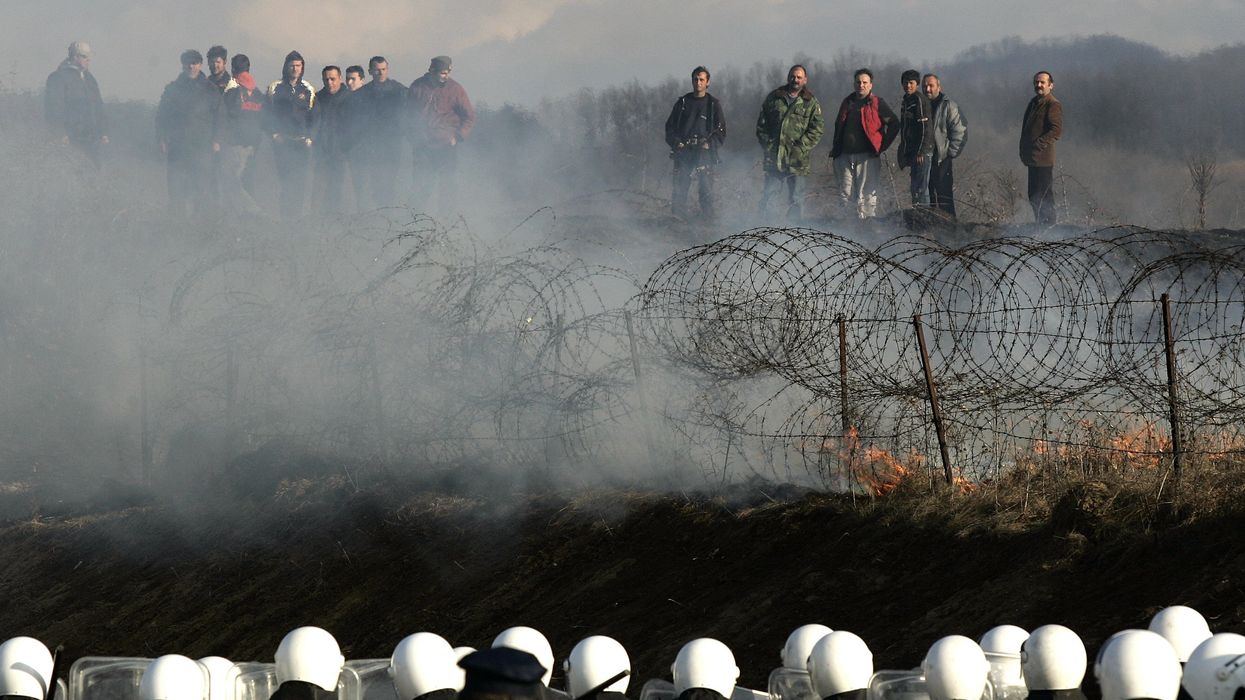 Serb army veterans protesting near Podujevo in Kosovo, February 21, 2008.