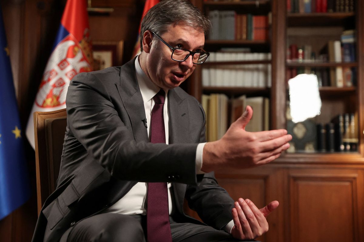 Serbian President Aleksandar Vucic speaks during an interview with Reuters in Belgrade, Serbia, September 28, 2023.