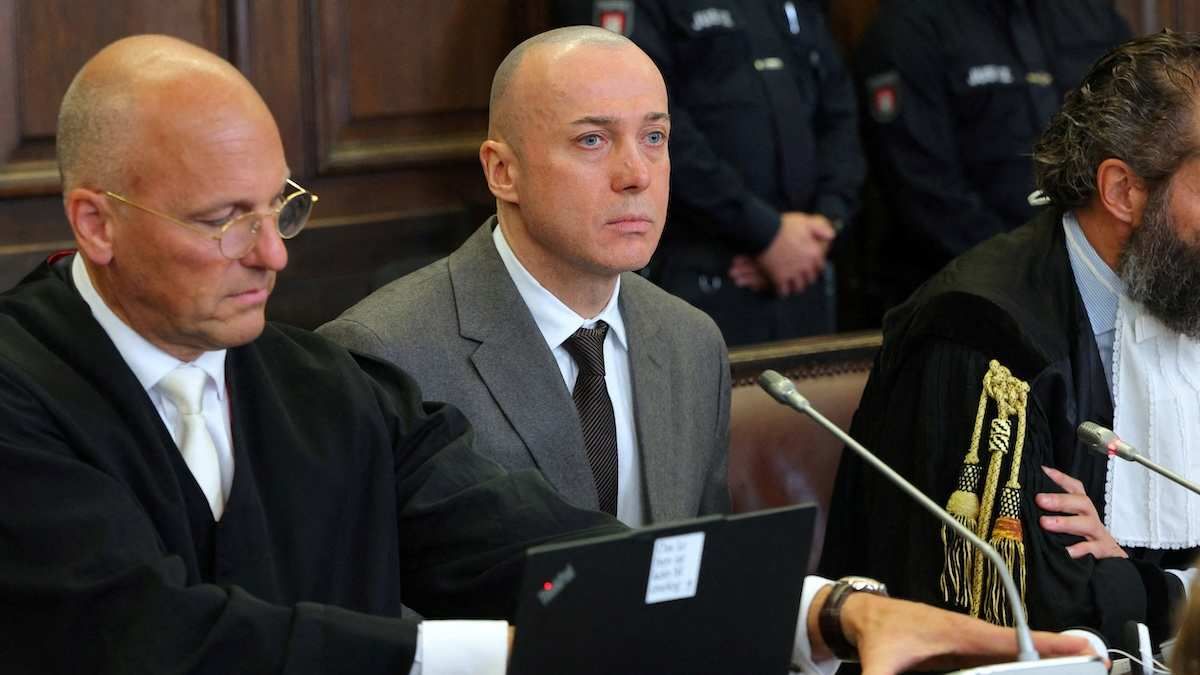Serhii Kusnetzow, a former Ukrainian army officer charged by German federal prosecutors with being a co-perpetrator of a war crime over the 2022 Nord Stream gas pipeline blasts, attends his trial in Hamburg, Germany.