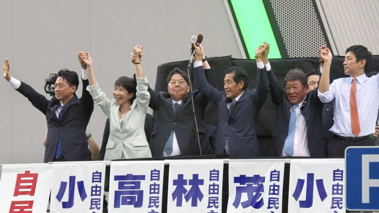 Shinjiro Koizumi, Sanae Takaichi, Yoshimasa Hayashi, Ichiro Aizawa, Toshimitsu Motegi and Takayuki Kobayashi at a campaign event in Tokyo, Japan, on Sept. 24, 2025.