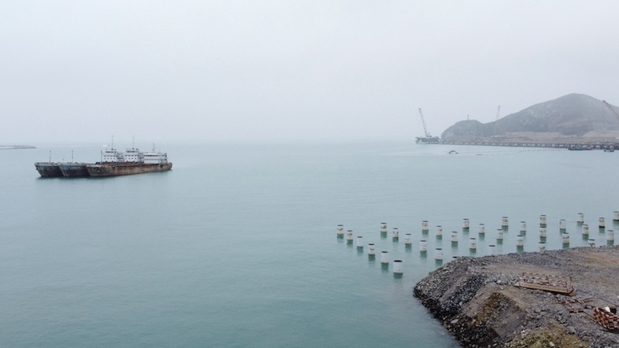 Ships are anchored near the construction site of a new Chinese mega port, in Chancay, Peru, as seen here in August 2023.