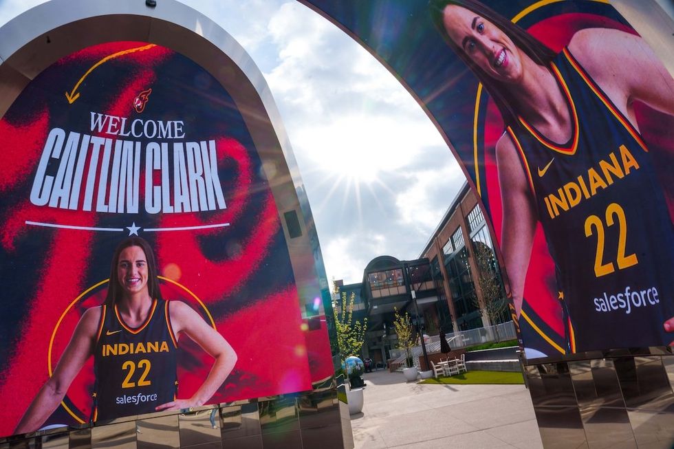 Signs welcoming Indiana Fever's new player Caitlin Clark, at Gainbridge Fieldhouse in Indianapolis. 