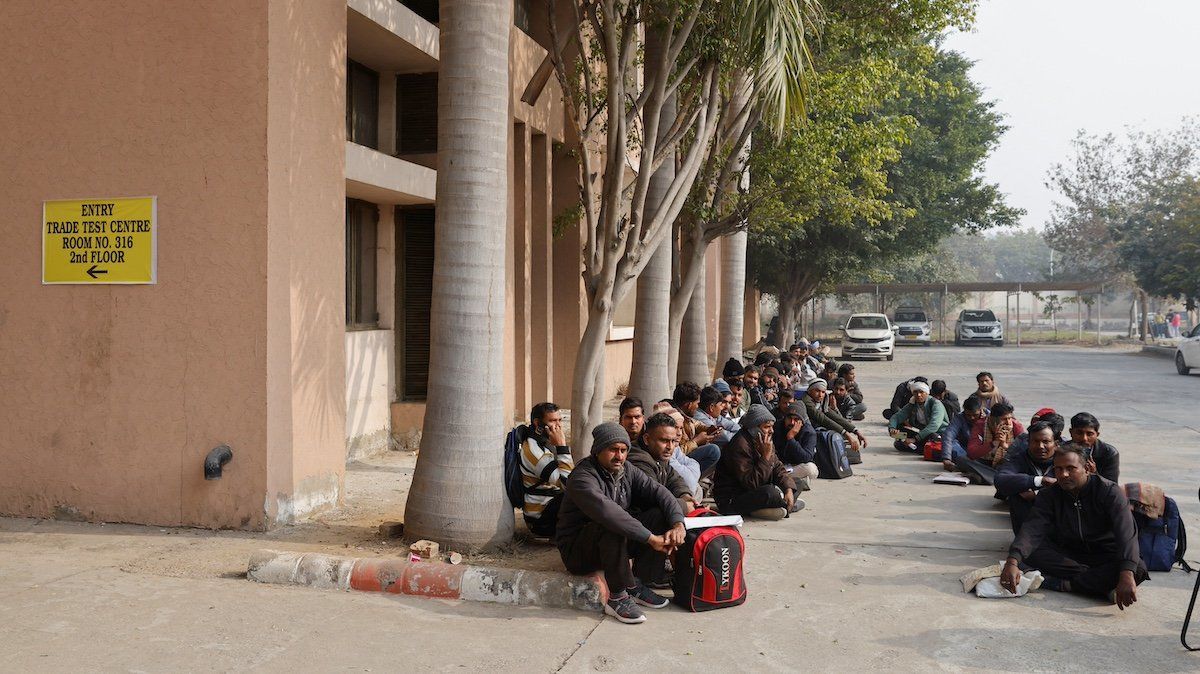 Skilled workers wait for their interview and skill test at a Haryana state government recruitment drive to send workers to Israel, at Maharshi Dayanand University in Rohtak, India, January 17, 2024.