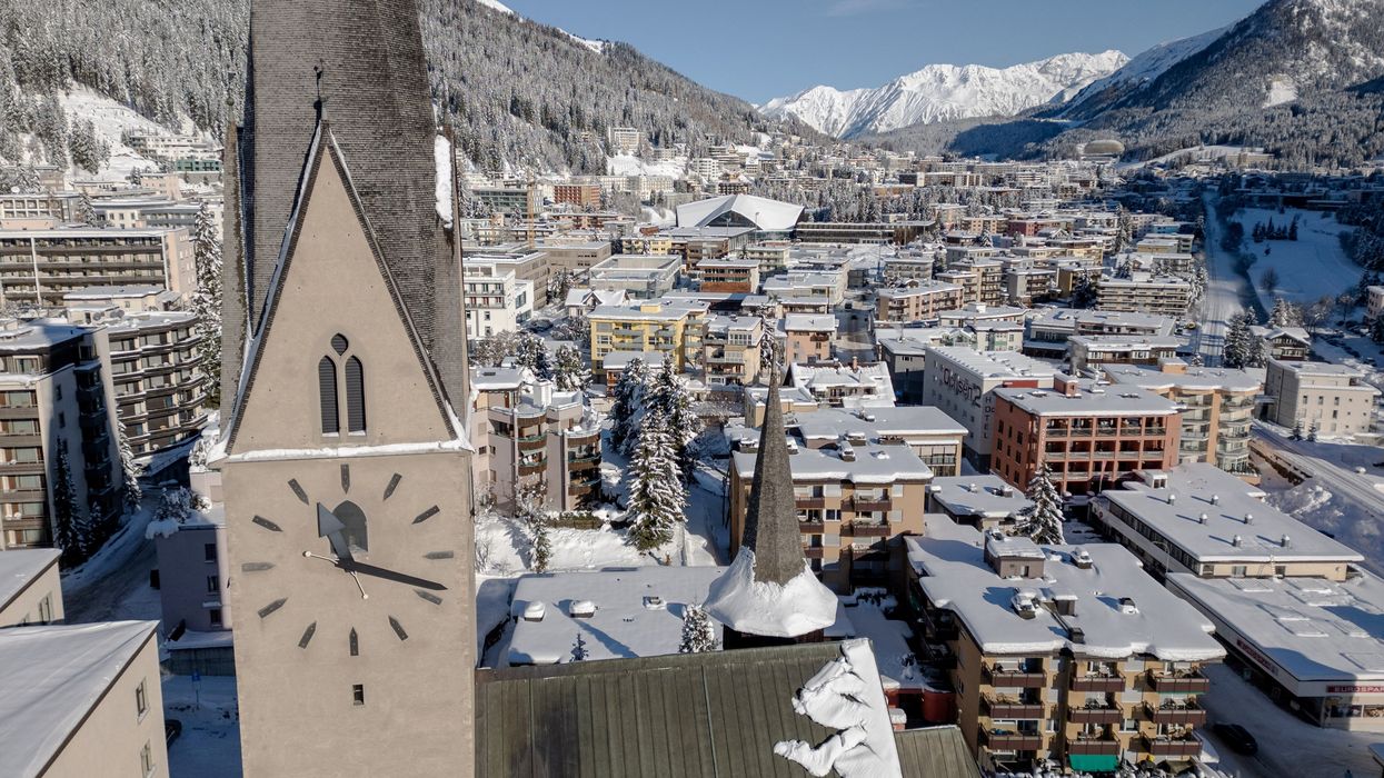 Skyline view of Davos, Switz., with the St. Johann church in the foreground.