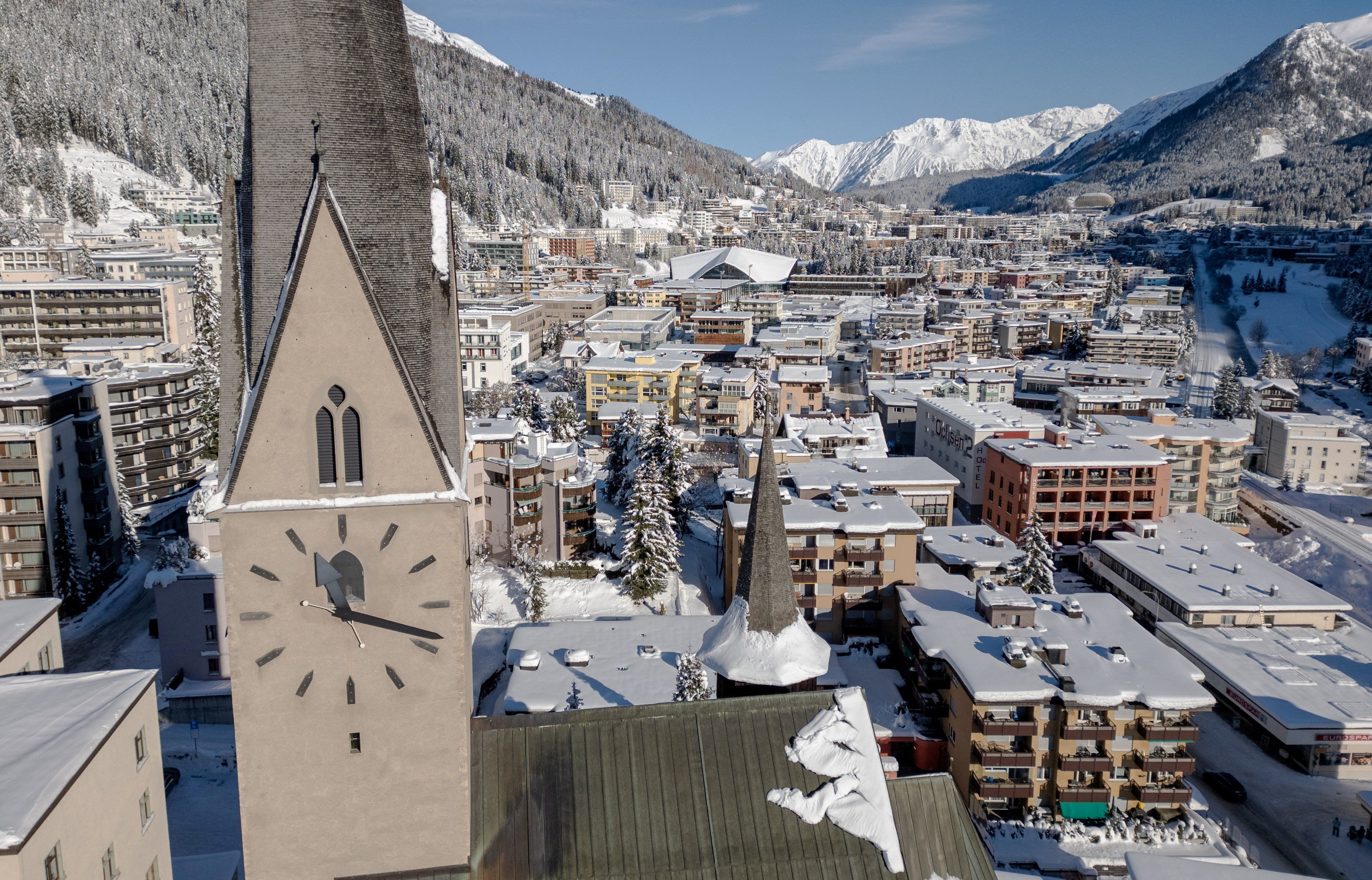Skyline view of Davos, Switz., with the St. Johann church in the foreground. 
