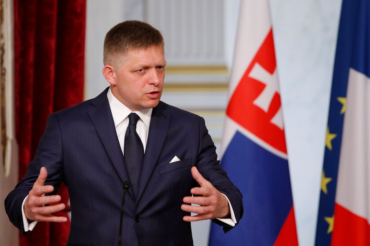 Slovakian Prime Minister Robert Fico gestures as he attends a joint news conference with the French President at the Elysee Palace in Paris, France, June 22, 2016.