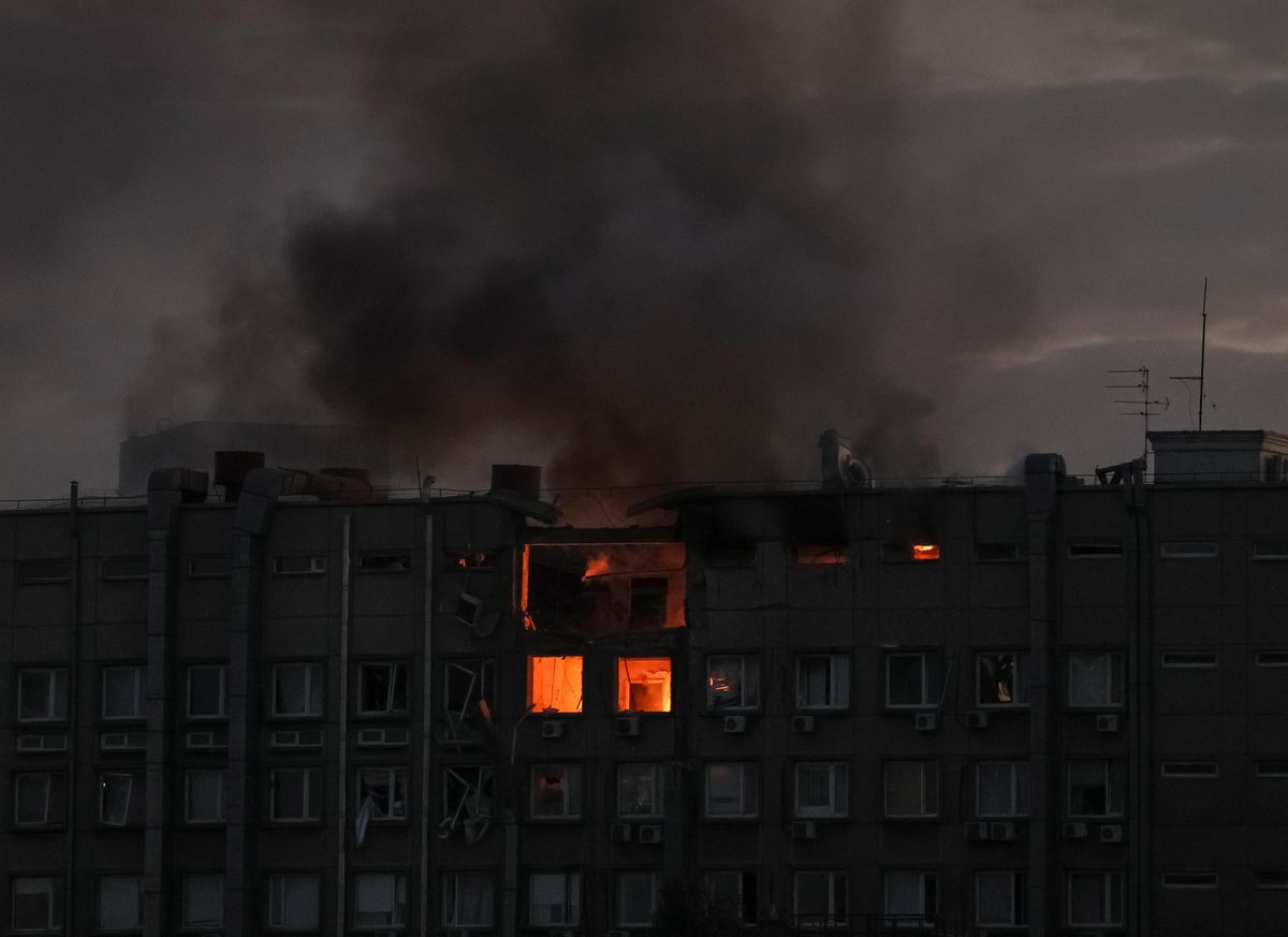 Smoke rises after a Russian drones strike on Kyiv, Ukraine. 